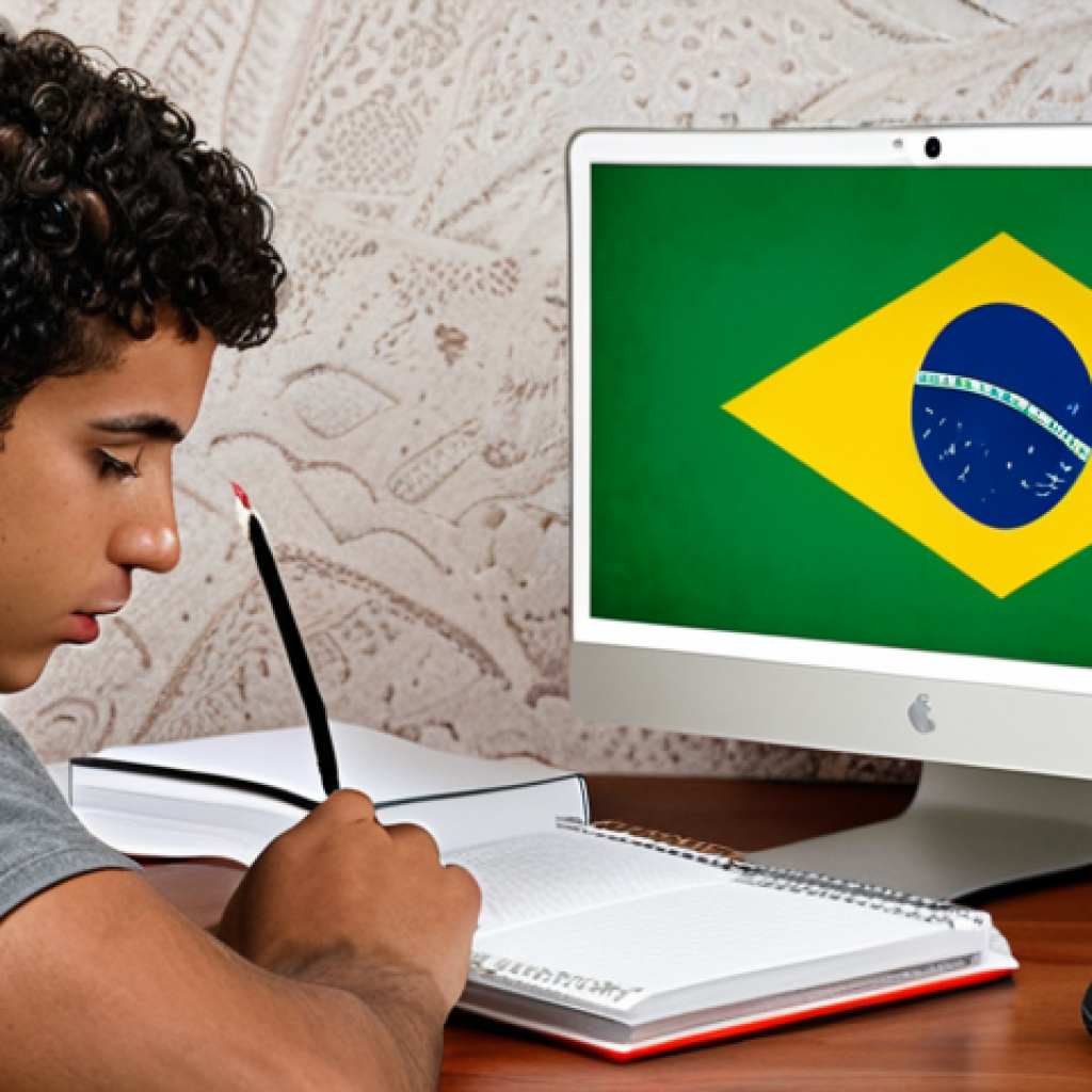**Image Prompt:** A determined student studying Portuguese language materials (books, online course on a laptop) with a Brazilian flag and a Portuguese flag subtly placed in the background. The scene suggests focus and ambition related to language learning.